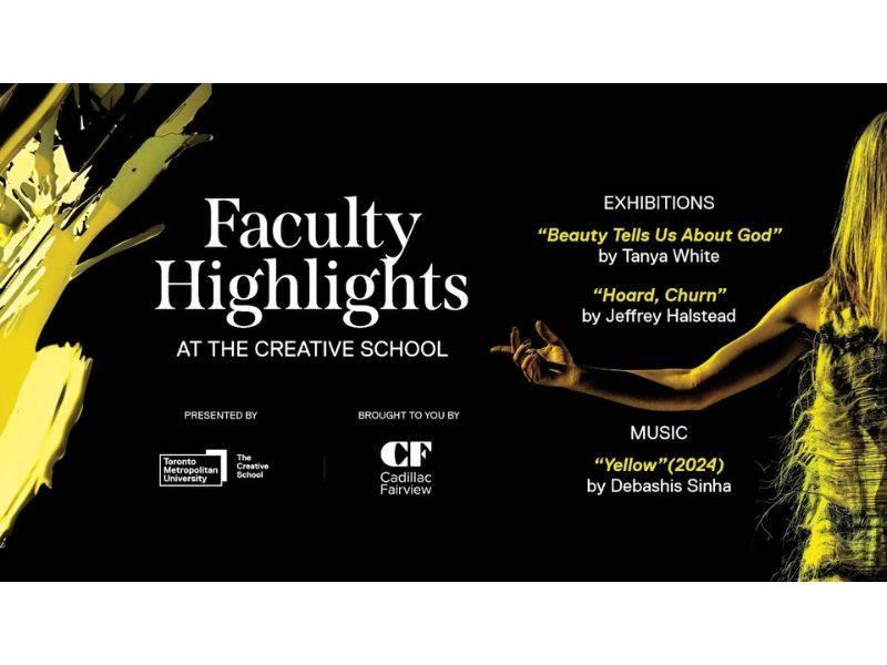 Graphic with black background and white and yellow text. Heading titled "Faculty Highlights at The Creative School" 